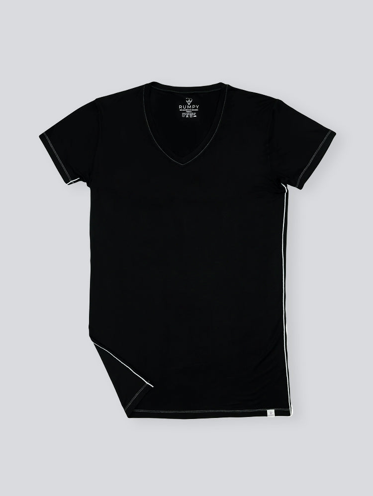 Rumpy Mens long Undershirt Long AF V Neck#color_black-with-white-thread