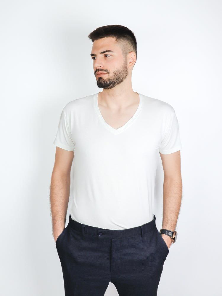 Rumpy Bamboo Men Undershirt Long AF V Neck#color_white-with-white-thread