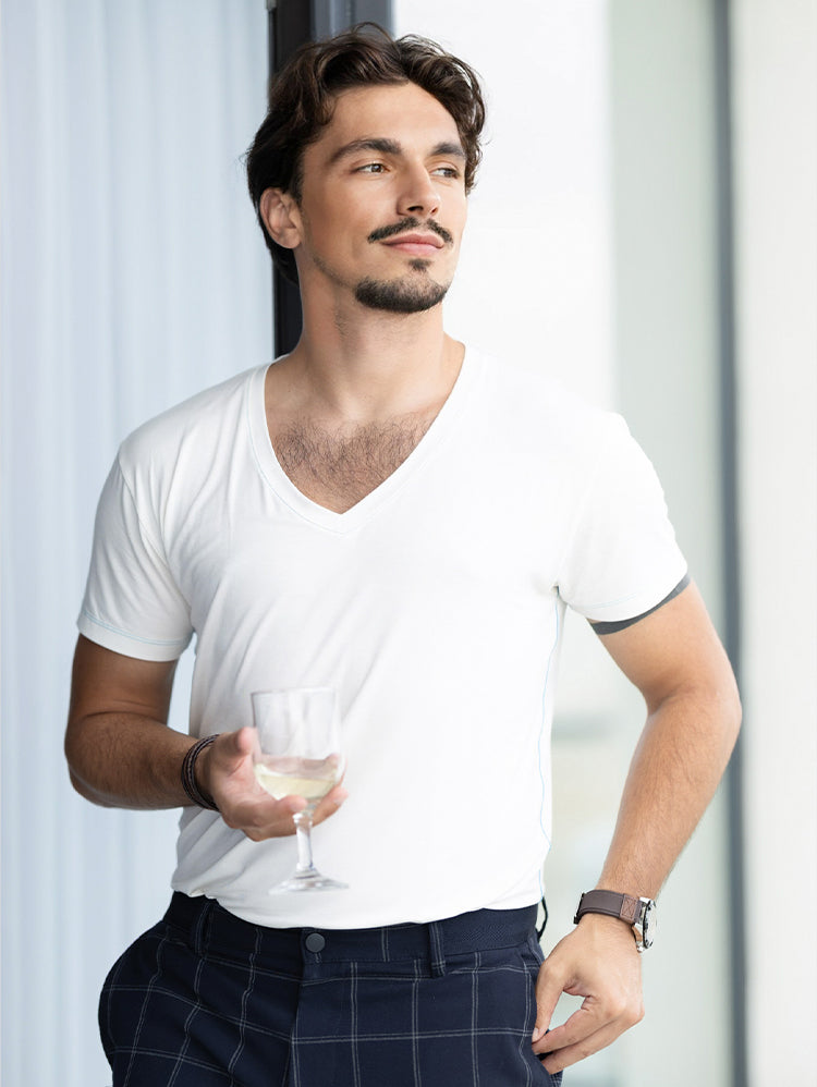 Rumpy Men Long Undershirt Long AF V Neck#color_white-with-blue-thread