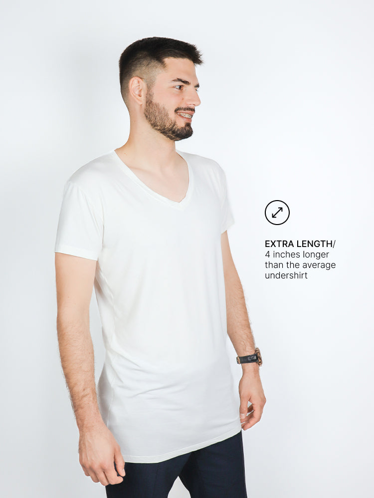 Rumpy Bamboo Men Undershirt Long AF V Neck#color_white-with-white-thread